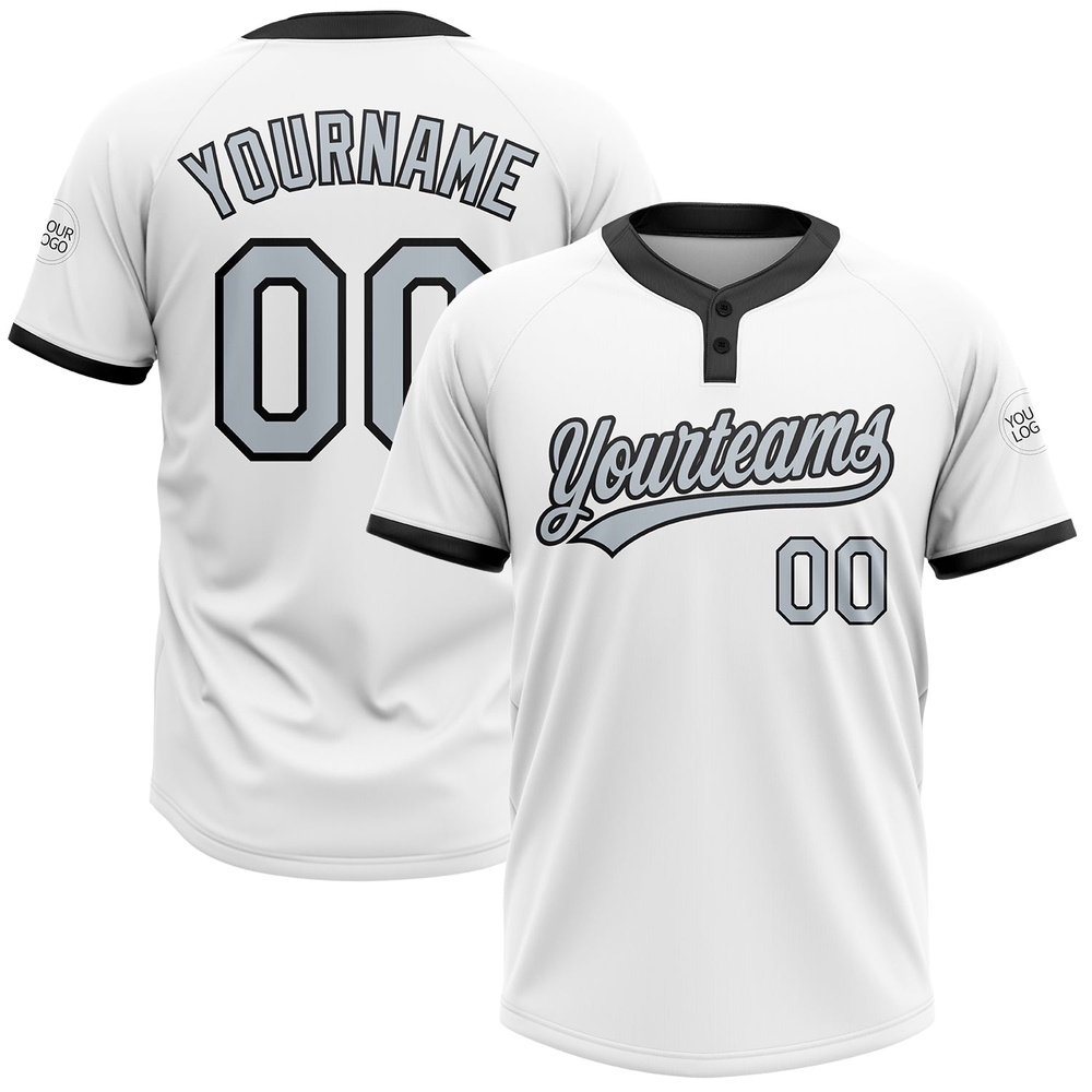 White Silver Black Two Button Unisex Softball Jersey, Custom Team Softball Jersey White Silver Black Two Button Unisex Softball Jersey, Custom Team Softball Jersey