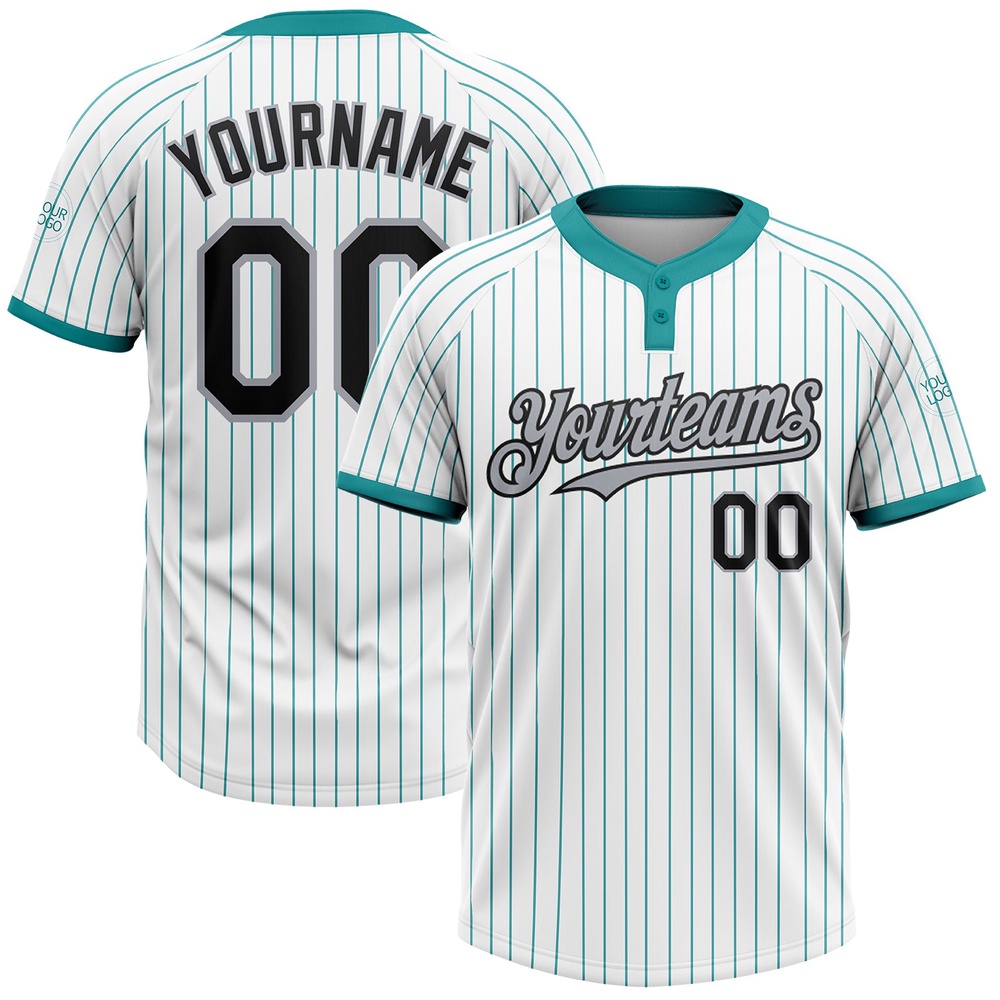 White Teal Pinstripe Black Gray Two Button Unisex Softball Jersey, Custom Team Softball Jersey