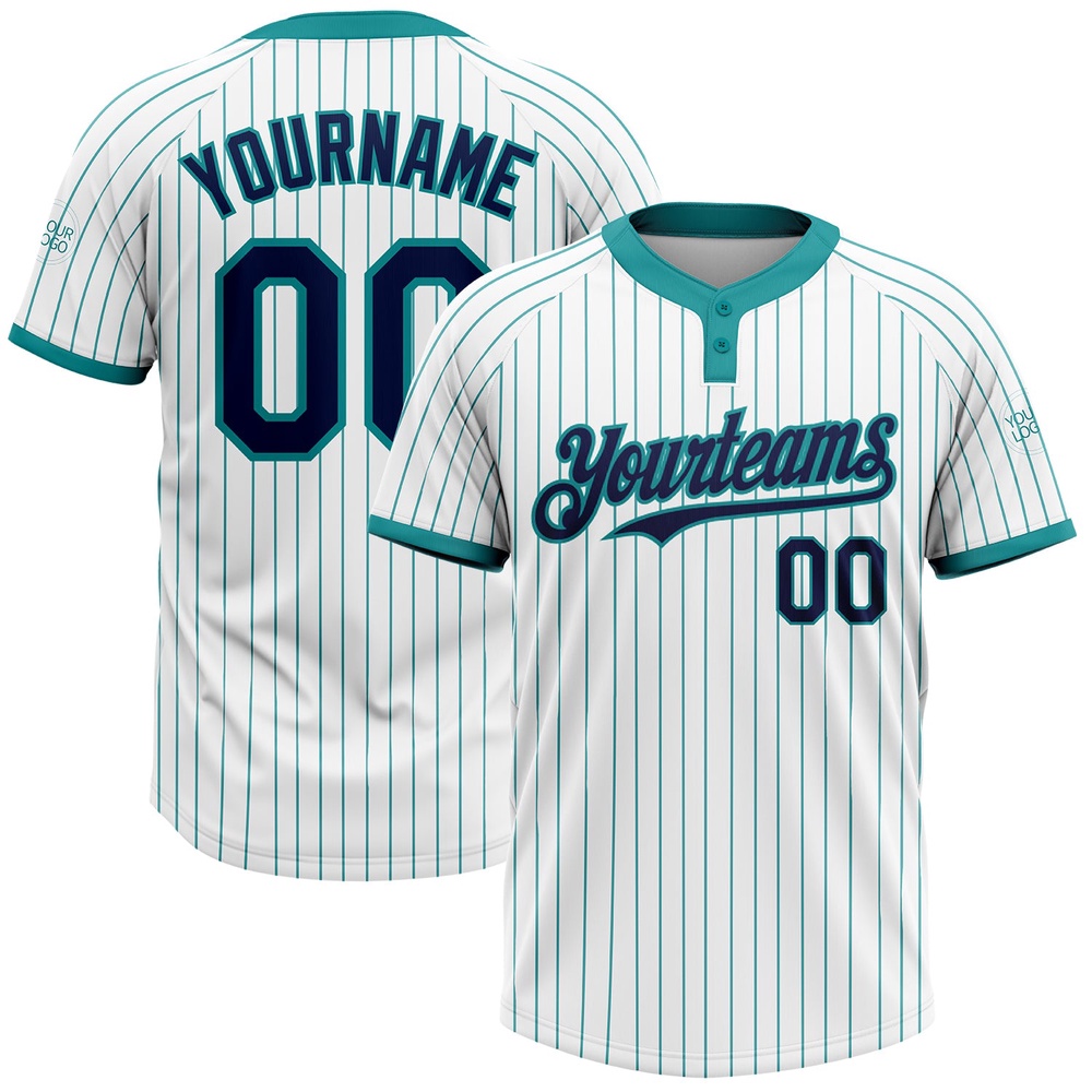 White Teal Pinstripe Navy Two Button Unisex Softball Jersey, Custom Team Softball Jersey White Teal Pinstripe Navy Two Button Unisex Softball Jersey, Custom Team Softball Jersey