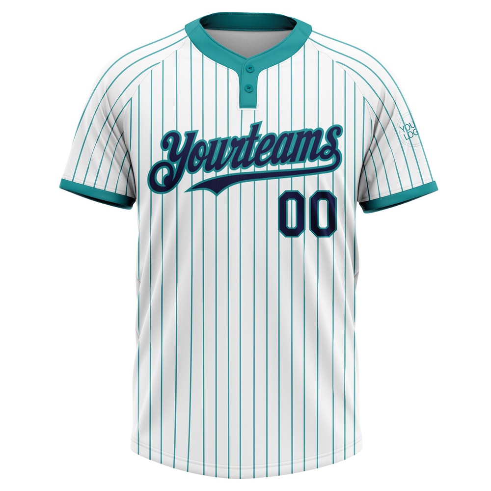 White Teal Pinstripe Navy Two Button Unisex Softball Jersey, Custom Team Softball Jersey White Teal Pinstripe Navy Two Button Unisex Softball Jersey, Custom Team Softball Jersey