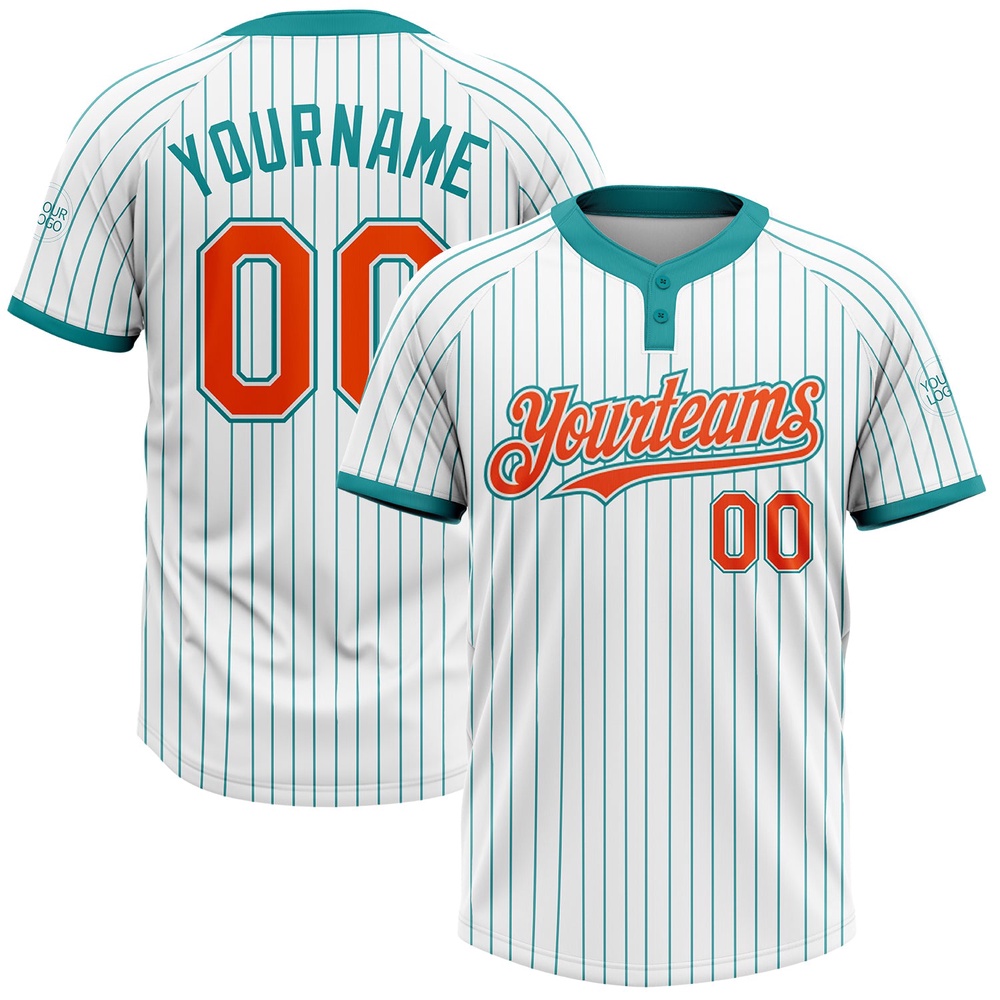 White Teal Pinstripe Orange Two Button Unisex Softball Jersey, Custom Team Softball Jersey