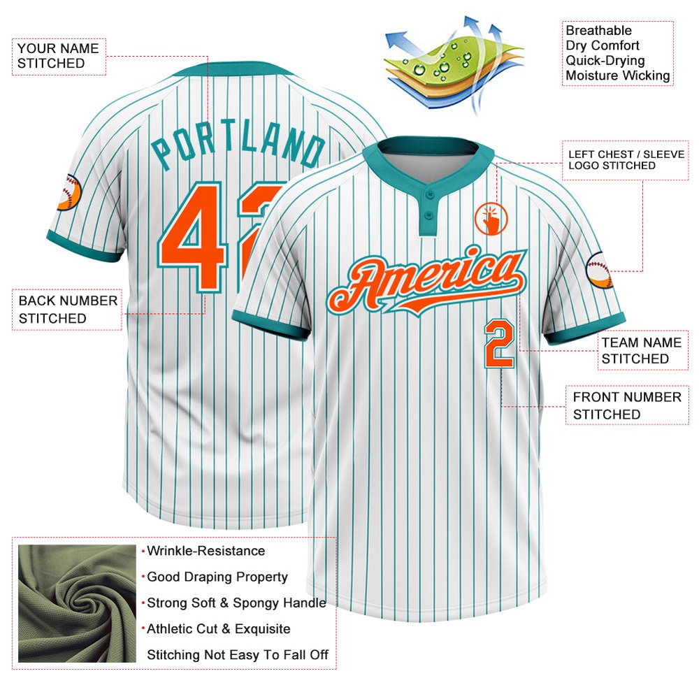 White Teal Pinstripe Orange Two Button Unisex Softball Jersey, Custom Team Softball Jersey