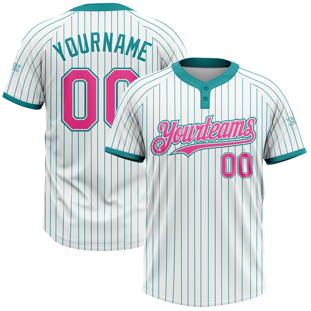 White Teal Pinstripe Pink Two Button Unisex Softball Jersey, Custom Team Softball Jersey