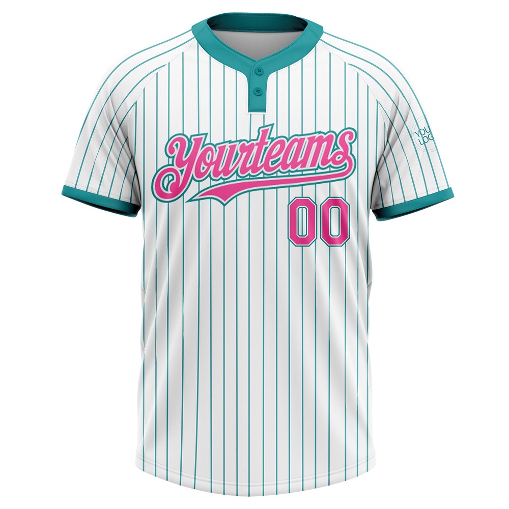 White Teal Pinstripe Pink Two Button Unisex Softball Jersey, Custom Team Softball Jersey