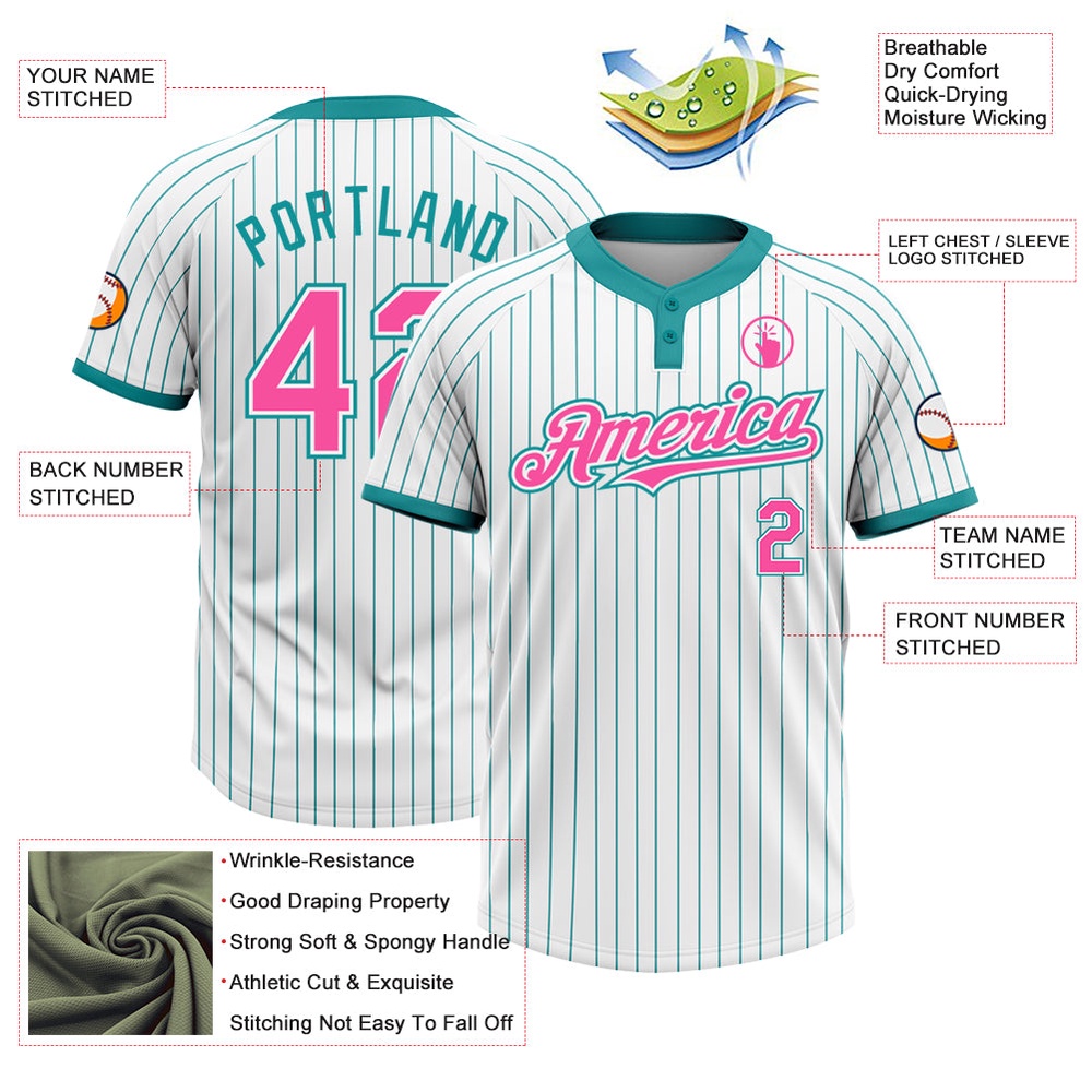 White Teal Pinstripe Pink Two Button Unisex Softball Jersey, Custom Team Softball Jersey