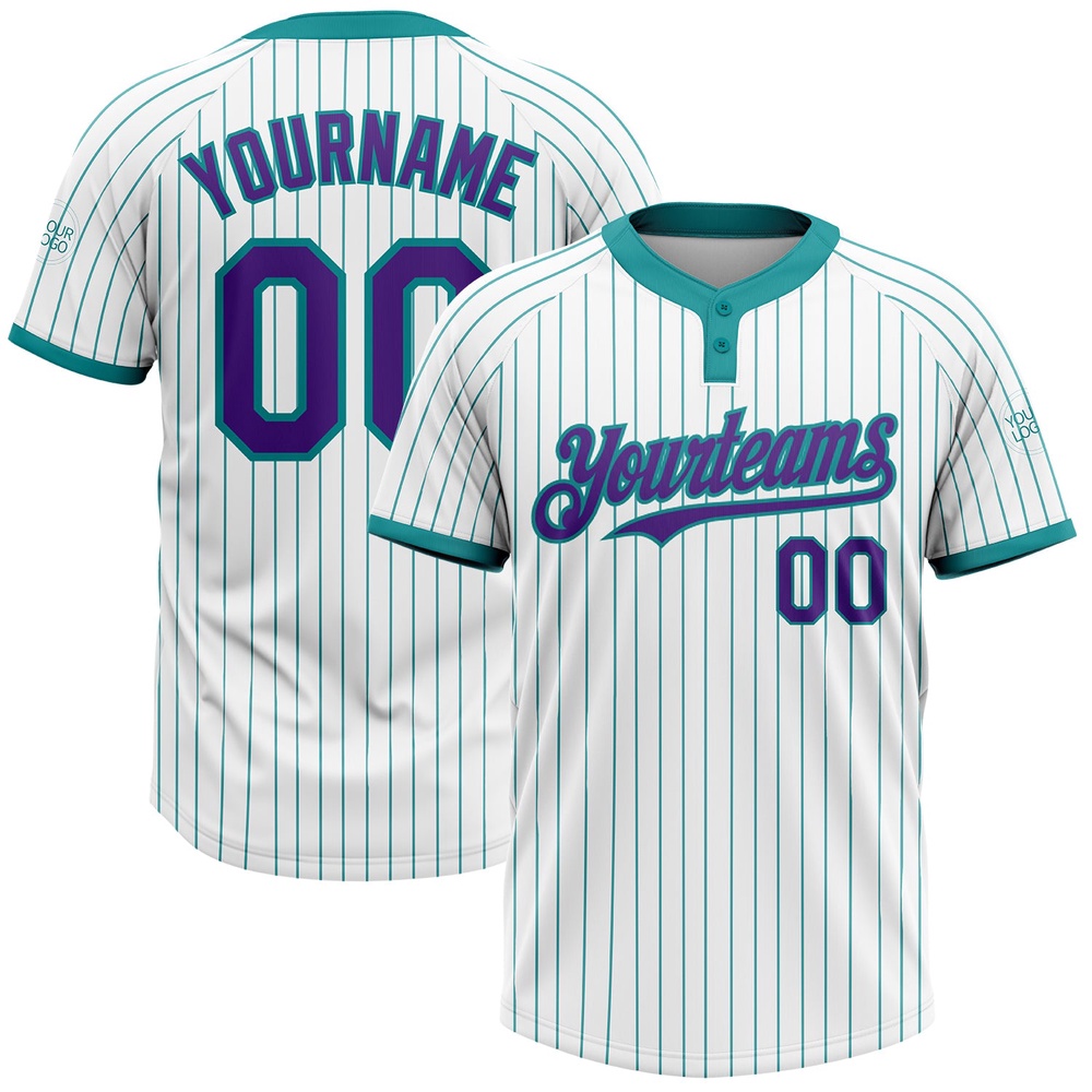 White Teal Pinstripe Purple Two Button Unisex Softball Jersey, Custom Team Softball Jersey