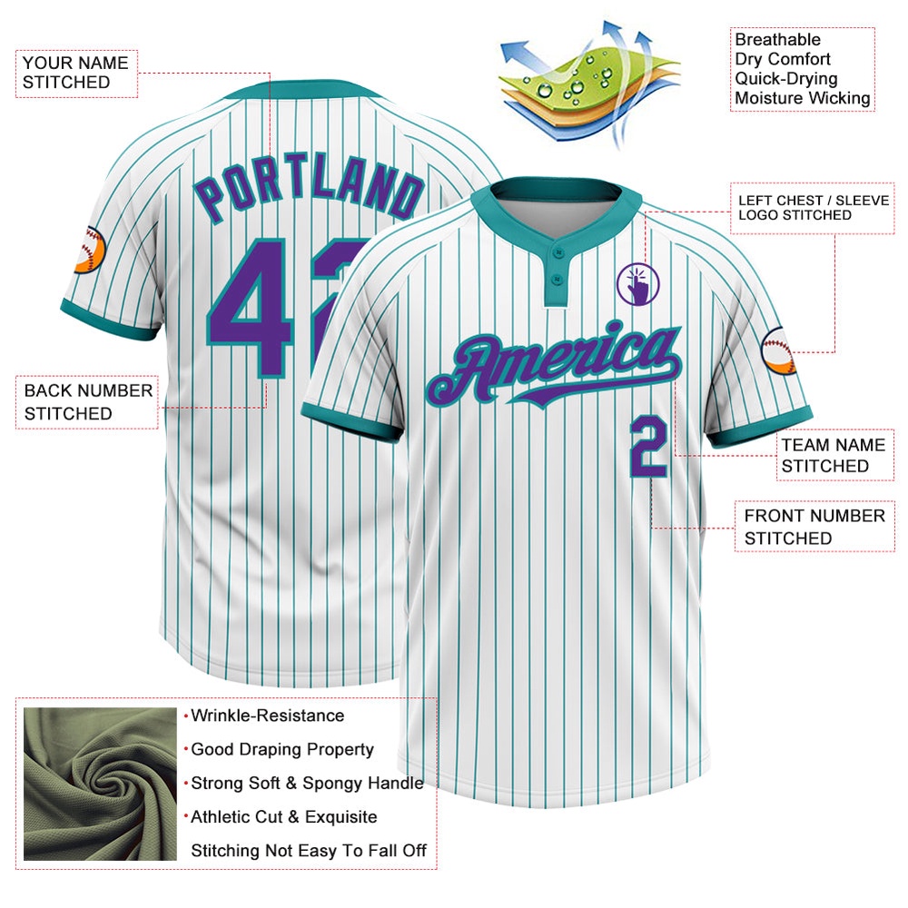 White Teal Pinstripe Purple Two Button Unisex Softball Jersey, Custom Team Softball Jersey