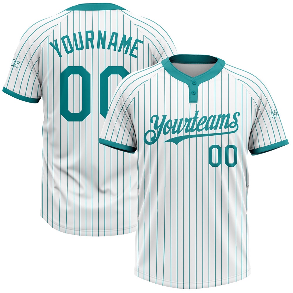 White Teal Pinstripe Teal Two Button Unisex Softball Jersey, Custom Team Softball Jersey