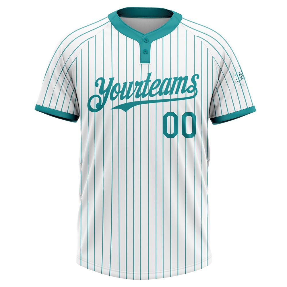 White Teal Pinstripe Teal Two Button Unisex Softball Jersey, Custom Team Softball Jersey