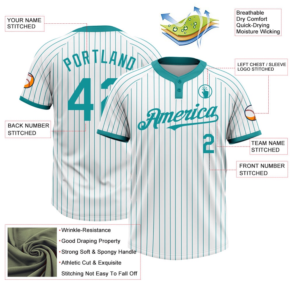 White Teal Pinstripe Teal Two Button Unisex Softball Jersey, Custom Team Softball Jersey