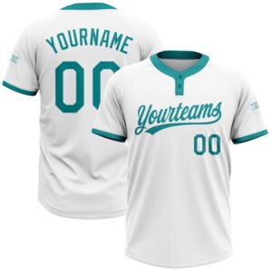 White Teal Two Button Unisex Softball Jersey,…