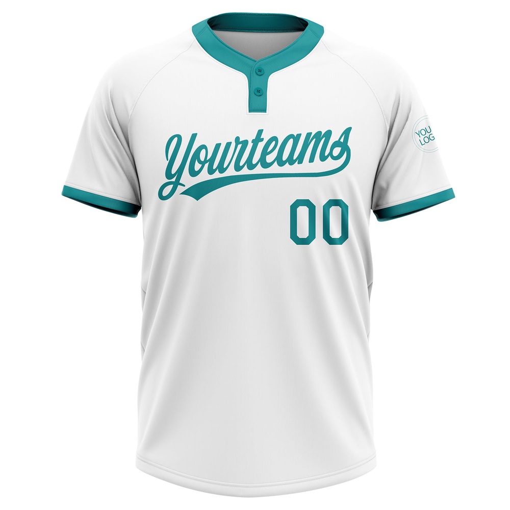 White Teal Two Button Unisex Softball Jersey, Custom Team Softball Jersey