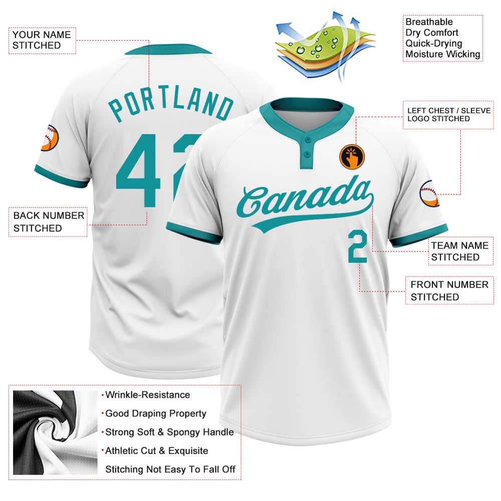 White Teal Two Button Unisex Softball Jersey, Custom Team Softball Jersey