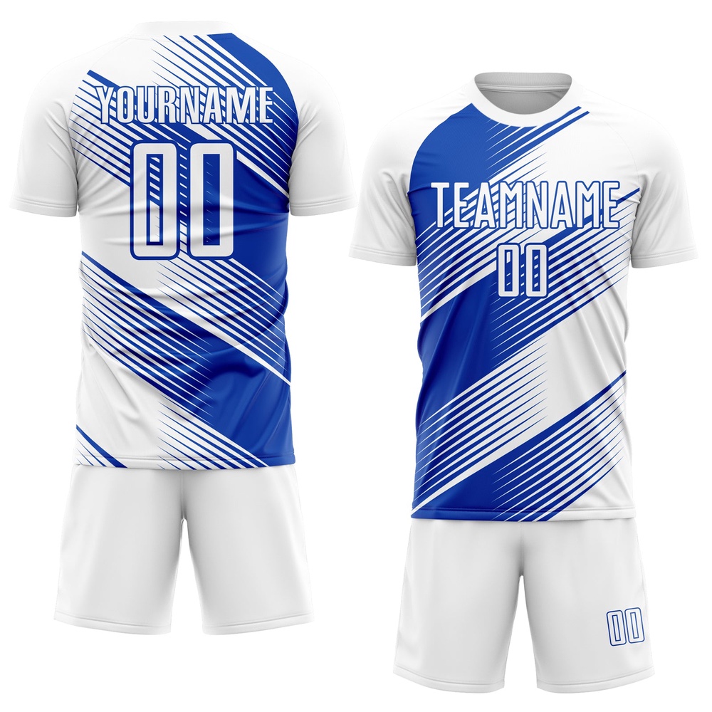 White Thunder Blue Line Sublimation Soccer Uniform Jersey, Custom Team Soccer Jersey Shirt