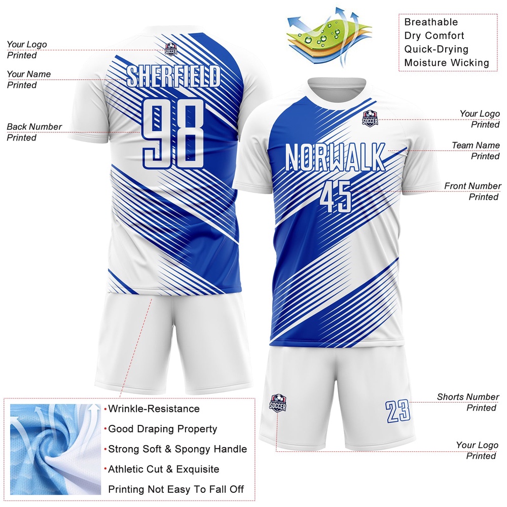 White Thunder Blue Line Sublimation Soccer Uniform Jersey, Custom Team Soccer Jersey Shirt