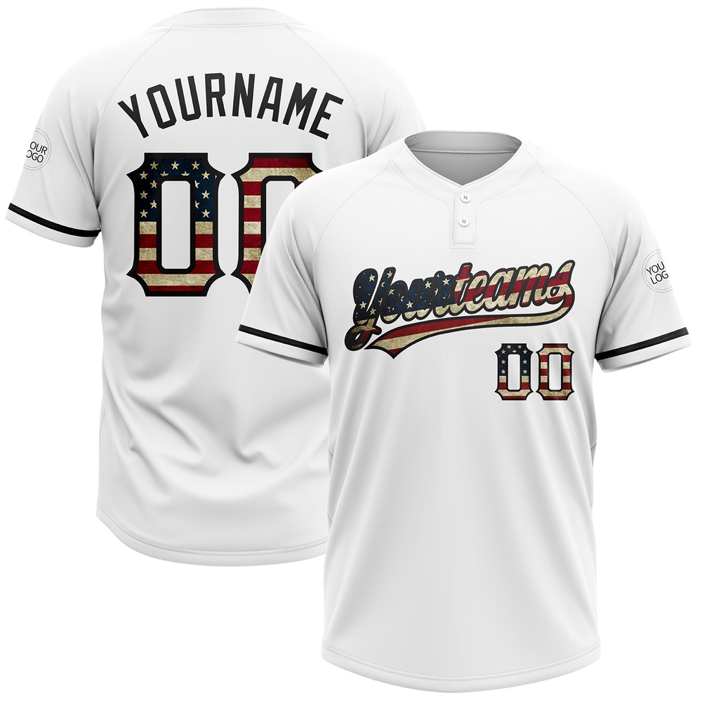 White Vintage USA Flag Black Two Button Unisex Softball Jersey, Custom Team Softball Jersey