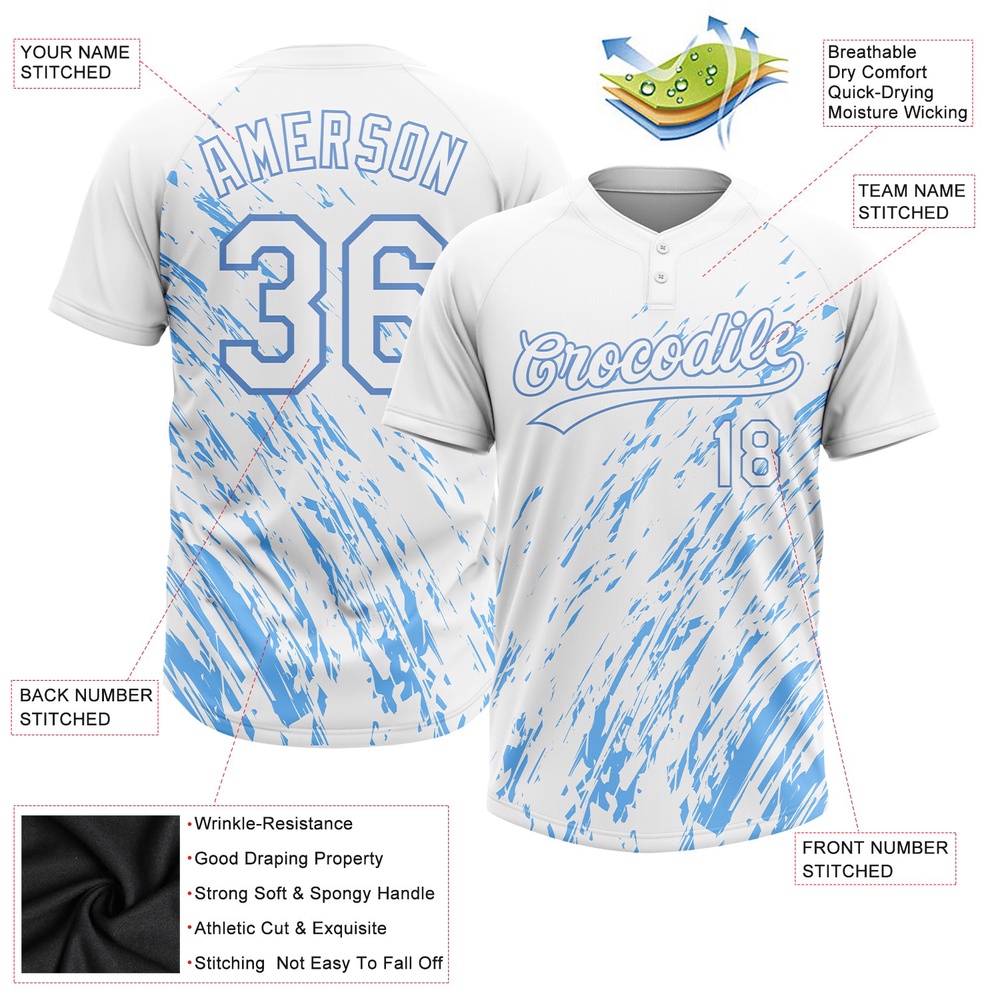 White White Light Blue 3D Pattern Two Button Unisex Softball Jersey, Custom Team Softball Jersey