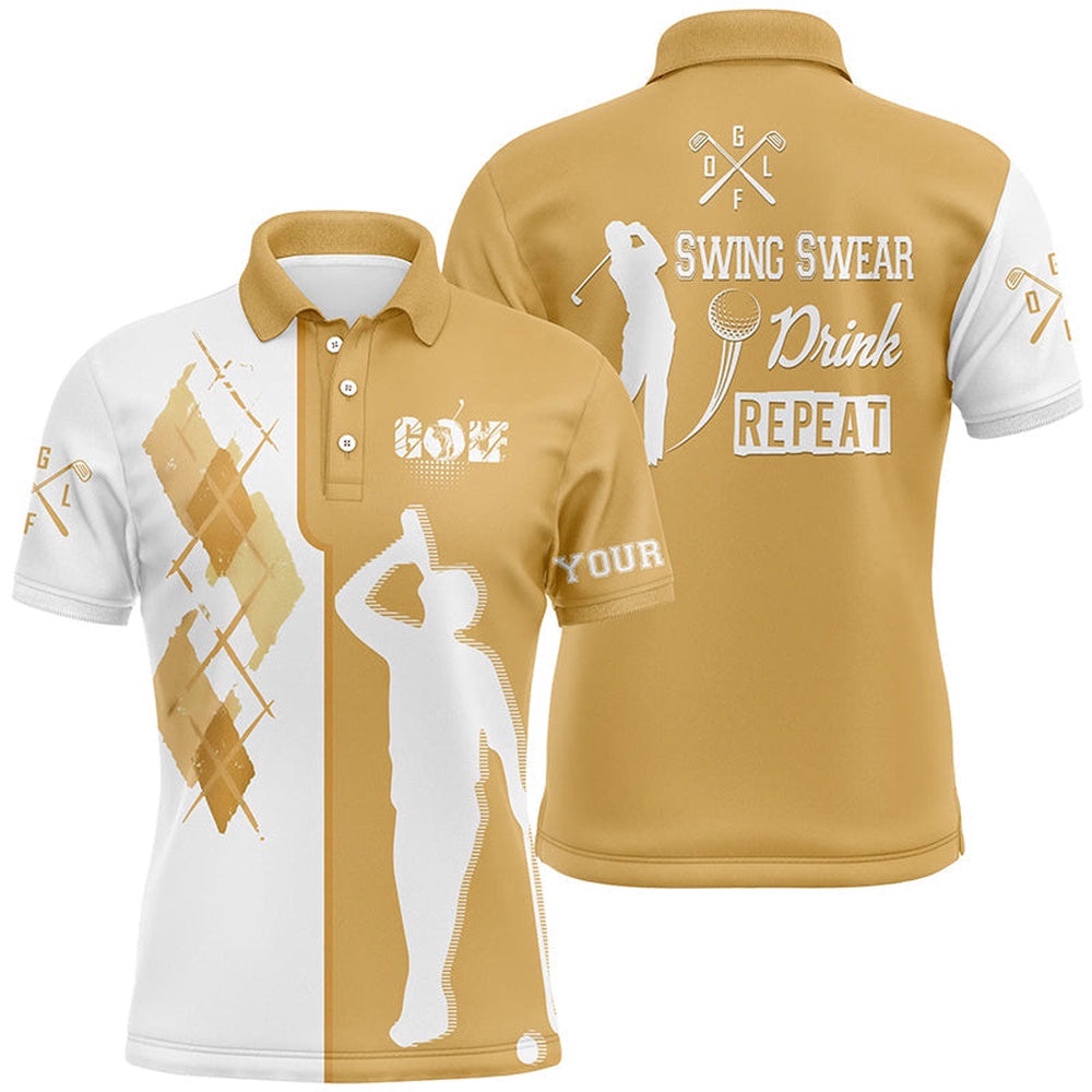 White Yellow Men Golf Polo Upf Shirts Custom Swing Swear Drink Repeat Golf Beer Shirt, Golf Outfit Men, Golf Polo Shirt, Golf Shirts