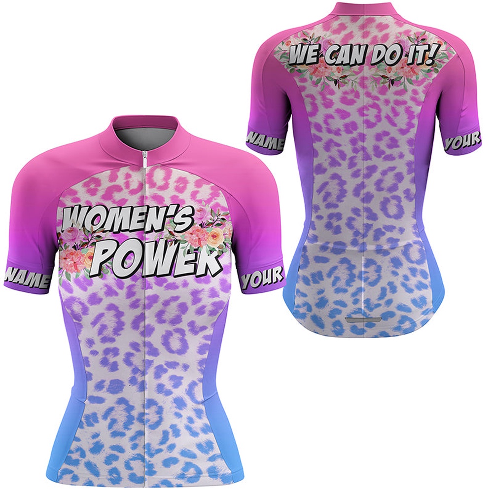 WoMen’s Power Leopard Cycling Jersey Short Sleeve Biking Tops Bicycle Clothing With 3 Pockets, Custom Mono Cycling Jersey