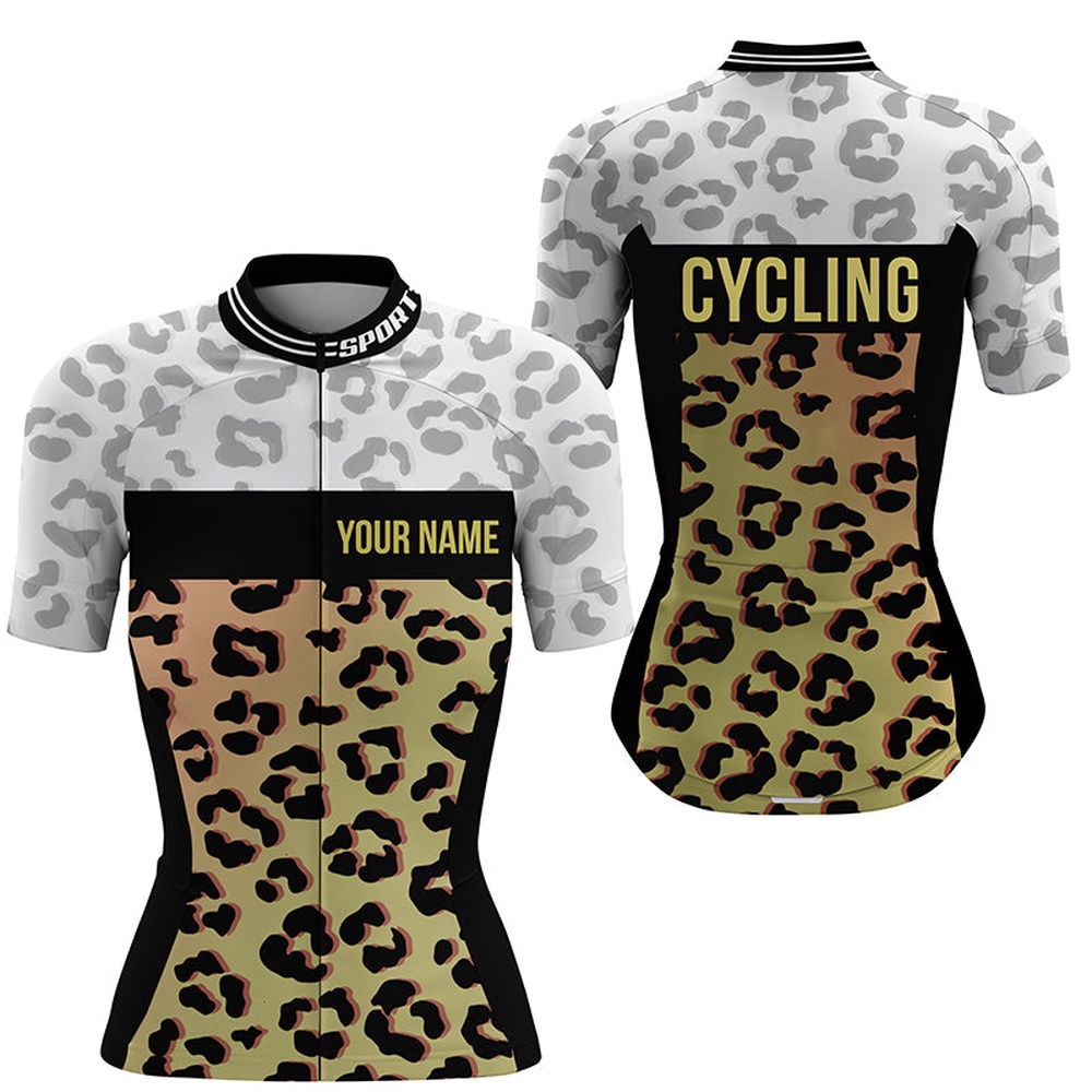 Womens Short Sleeve Cycling Jersey Leopard Bike Clothing Full Zip Ladies Biking Top With 3 Pockets, Custom Mono Cycling Jersey