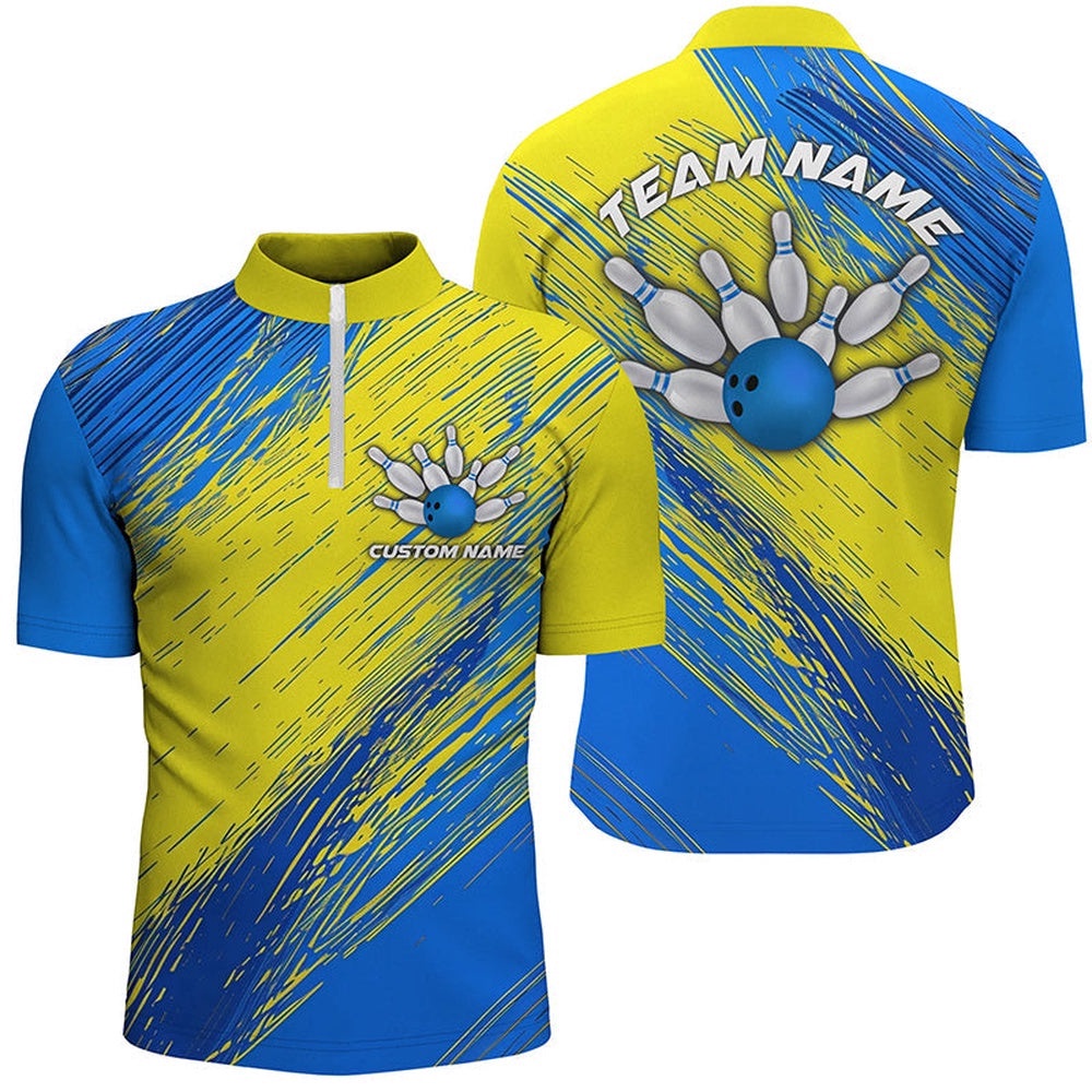 Yellow And Blue Unisex Bowling Shirts For Team, Name Bowling Tournament Jersey For Bowler, Custom Bowling Team Jersey Shirt