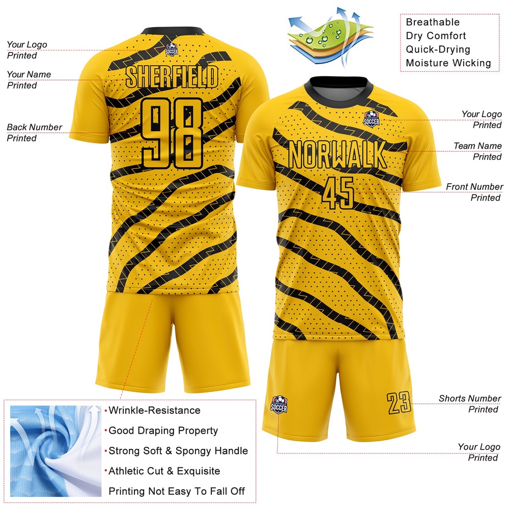 Yellow Black Lines And Dots Sublimation Soccer Uniform Jersey, Custom Team Soccer Jersey Shirt