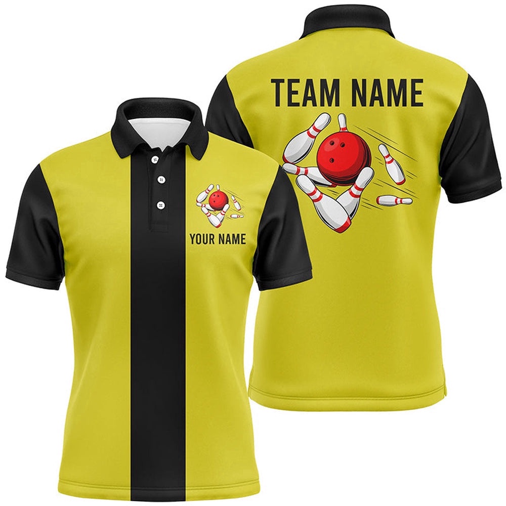 Yellow Black Retro Bowling Polo Shirts For Men Custom Vintage Bowling Team Polo Shirt, Personalized Bowling Team Shirt