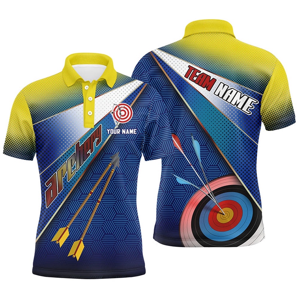 Yellow Blue Target Archery Polo Shirts For Men, Custom Arrows Archery Team Shirts, Custom Archery Team Polo Shirt Yellow Blue Target Archery Polo Shirts For Men, Custom Arrows Archery Team Shirts, Custom Archery Team Polo Shirt