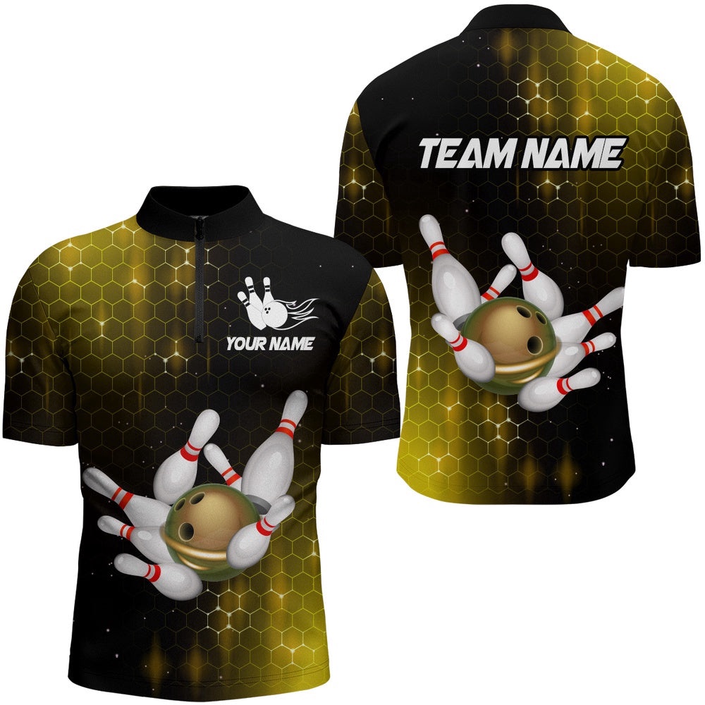 Yellow Bowling Shirts Men Women Bowling Team Jersey Bowling Zip Shirt, Custom Bowling Team Jersey Shirt