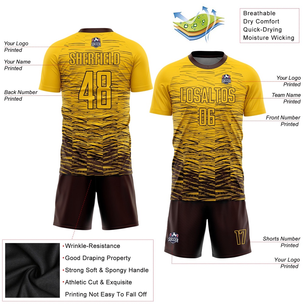 Yellow Brown Sublimation Soccer Uniform Jersey, Custom Team Soccer Jersey Shirt