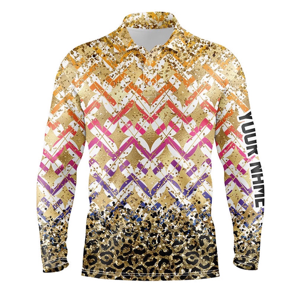 Yellow Glitter Leopard Pattern Men’s Golf Polo Shirts Custom Team Golf Top For Men, Golf Polo Shirt, Golf Shirts