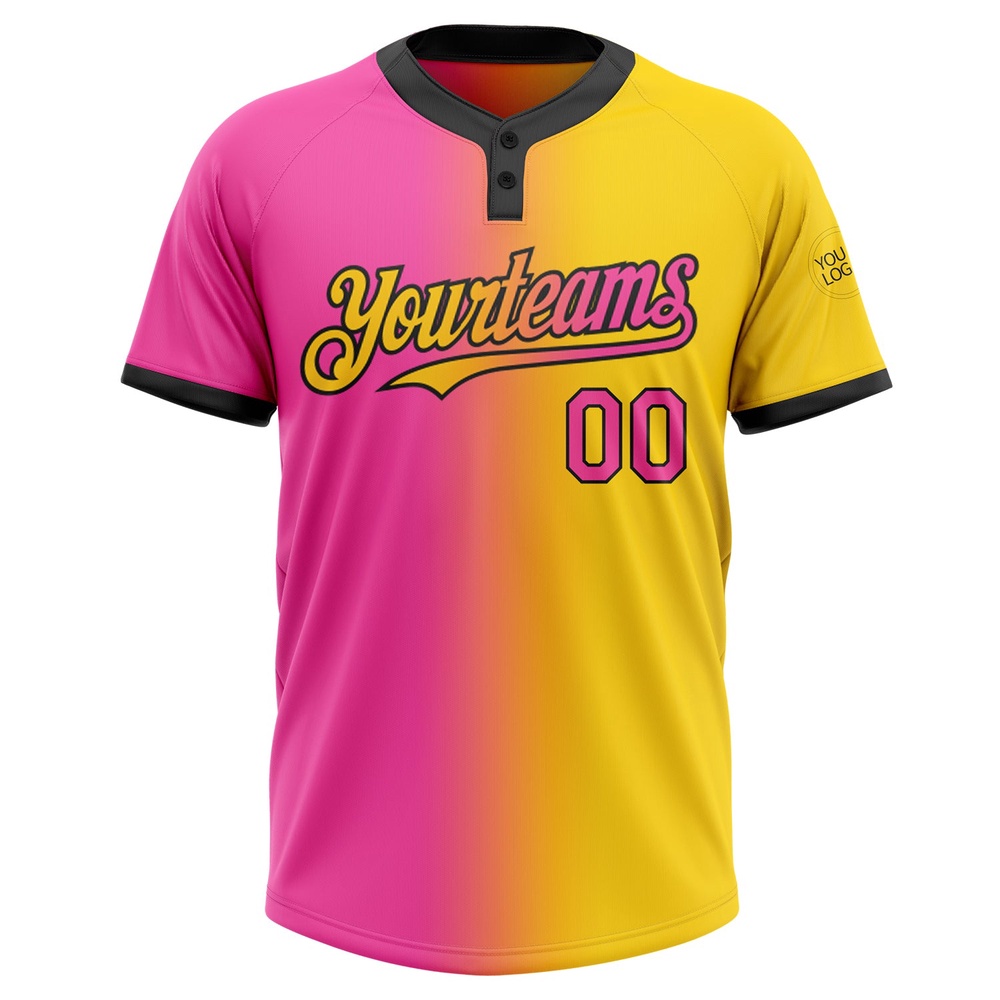 Yellow Pink Black Gradient Fashion Two Button Unisex Softball Jersey, Custom Team Softball Jersey