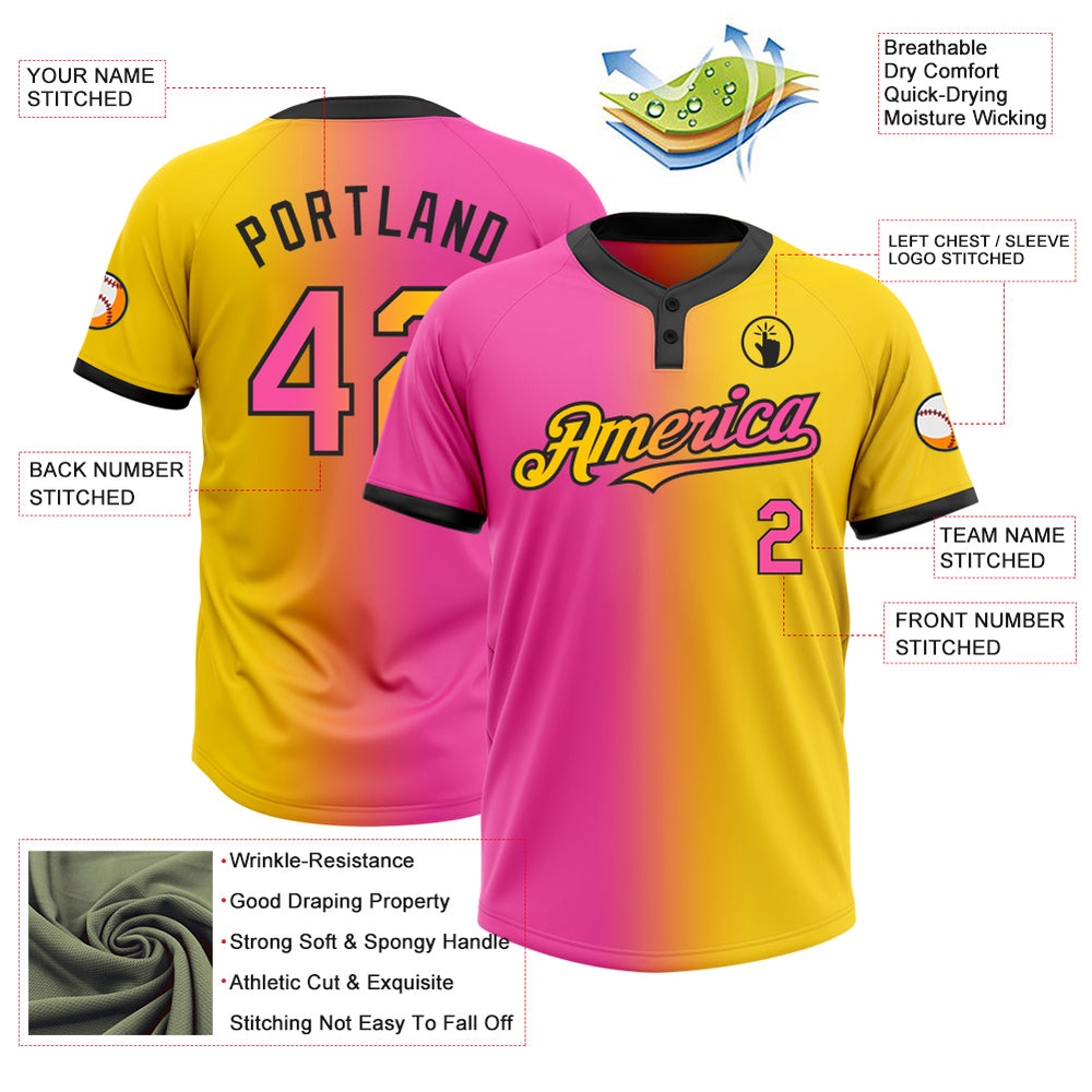 Yellow Pink Black Gradient Fashion Two Button Unisex Softball Jersey, Custom Team Softball Jersey