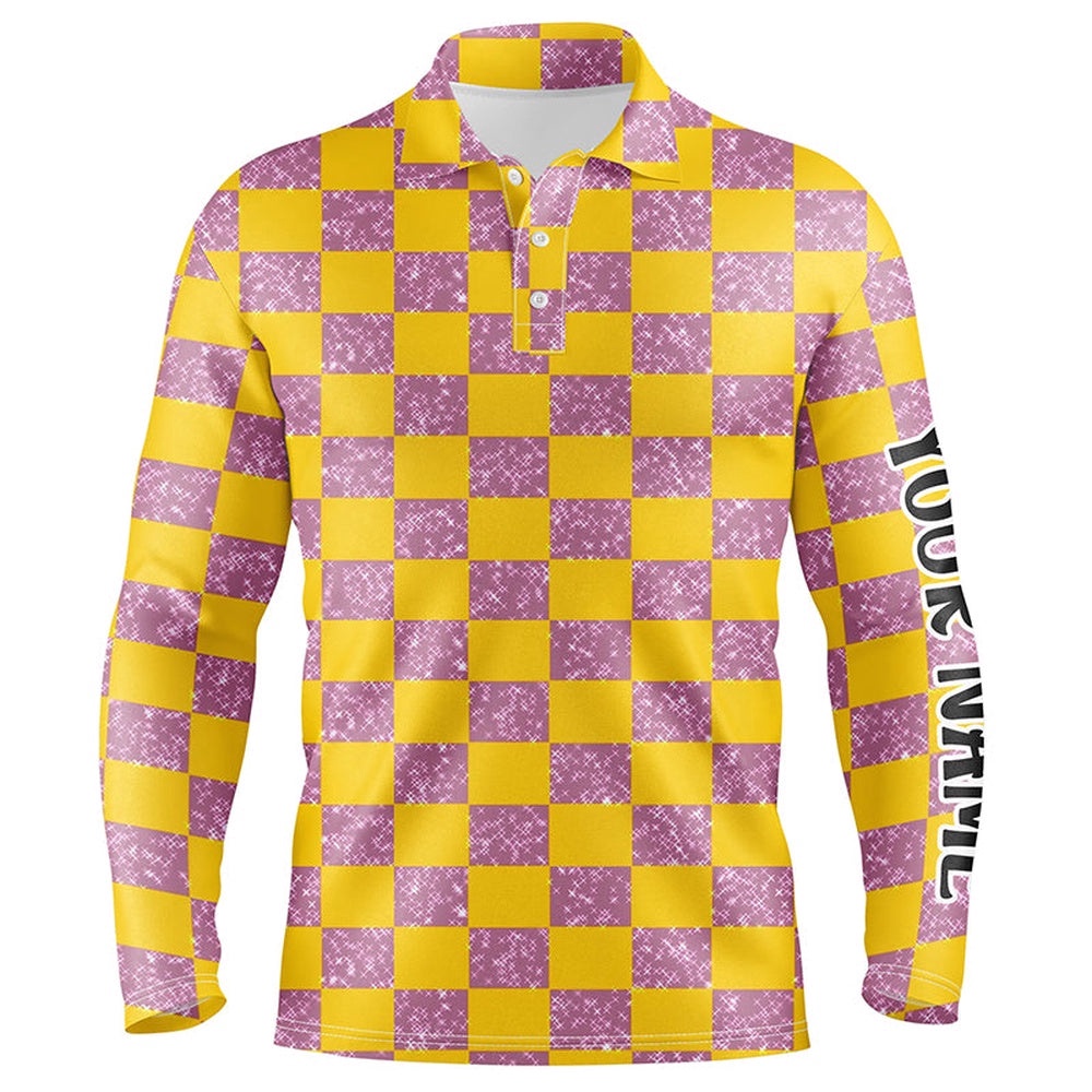 Yellow Purple Twinkle Checkered Plaid Men’s Golf Polo Shirt Personalized Golf Gifts For Male Golfer, Golf Polo Shirt, Golf Shirts