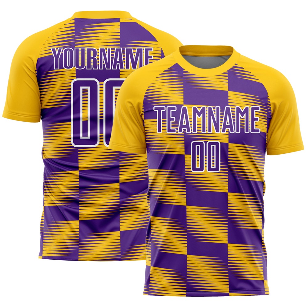 Yellow Purple White Lines Sublimation Soccer Uniform Jersey, Custom Team Soccer Jersey Shirt