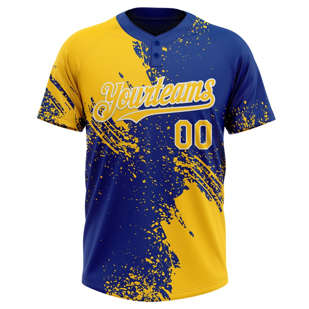 Yellow Royal White 3D Pattern Abstract Brush Stroke Two Button Unisex Softball Jersey, Custom Team Softball Jersey Yellow Royal White 3D Pattern Abstract Brush Stroke Two Button Unisex Softball Jersey, Custom Team Softball Jersey