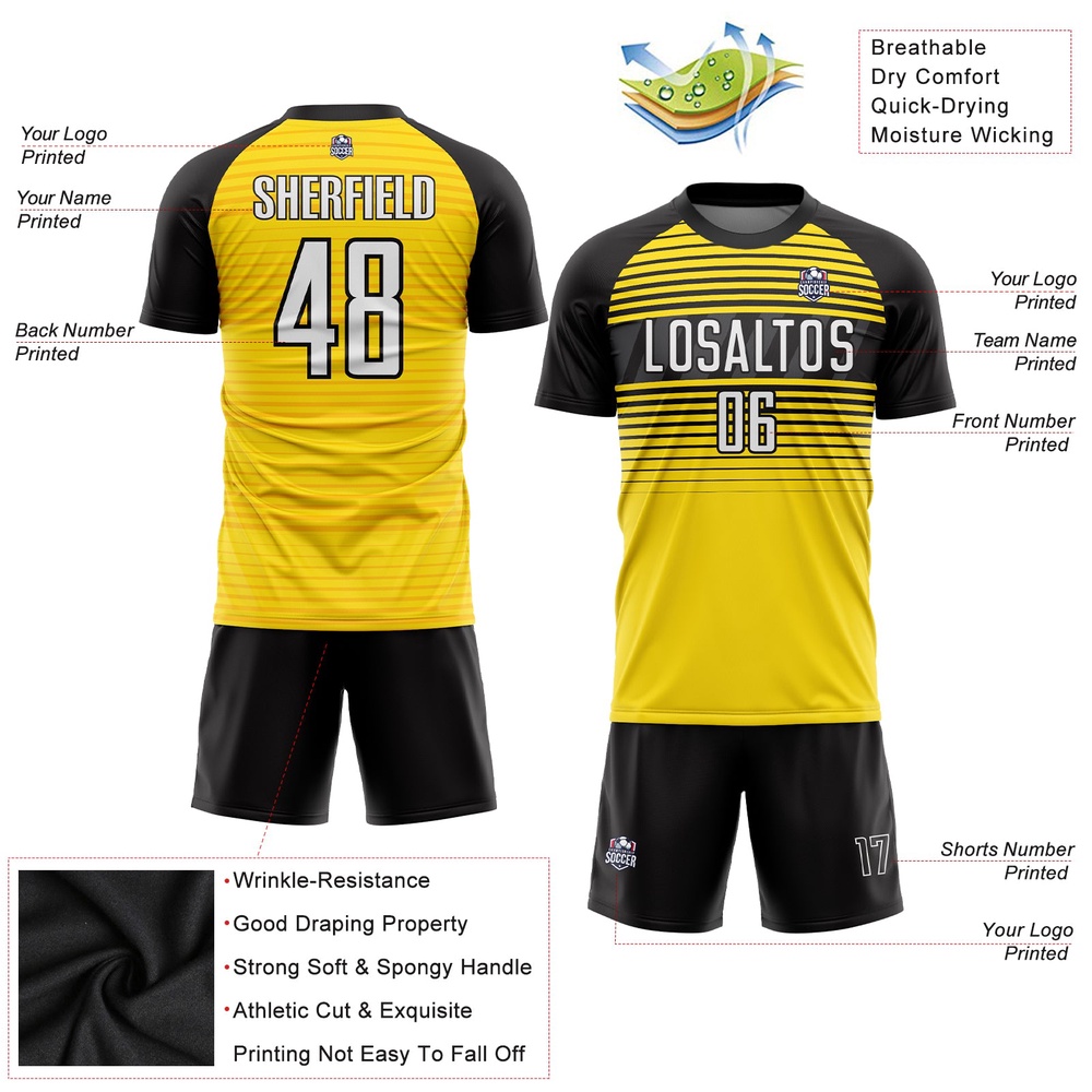 Yellow White Black Sublimation Soccer Uniform Jersey, Custom Team Soccer Jersey Shirt