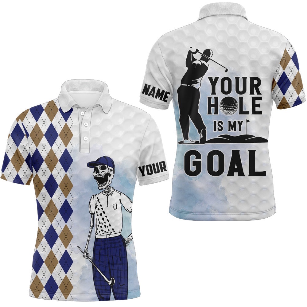Your Hole Is My Goal Argyle Pattern Skull Golf Shirts Scary Golf Tops For Men Golf Gifts, Golf Polo Shirt, Golf Shirts