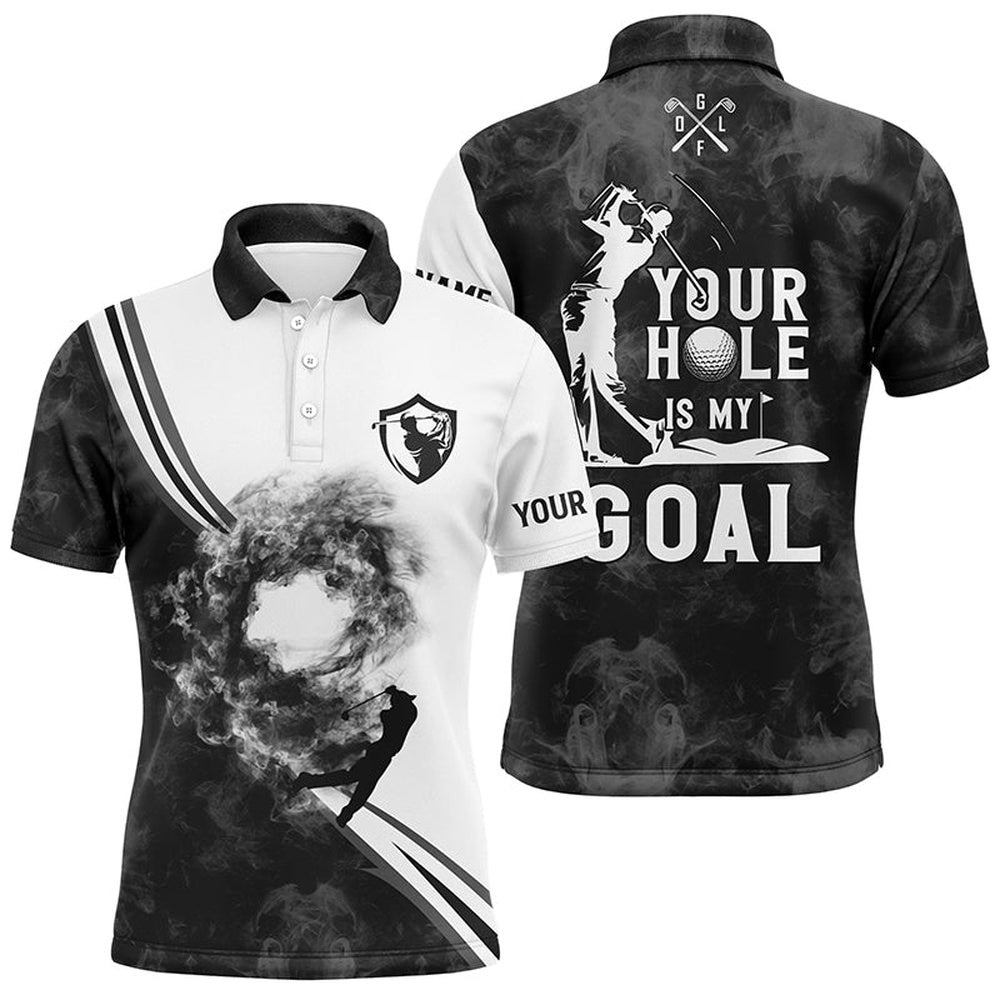 Your Hole Is My Goal Custom Name Black And White Smoke Men’s Golf Polo Shirt, Best Men’s Golf Apparel, Golf Polo Shirt, Golf Shirts