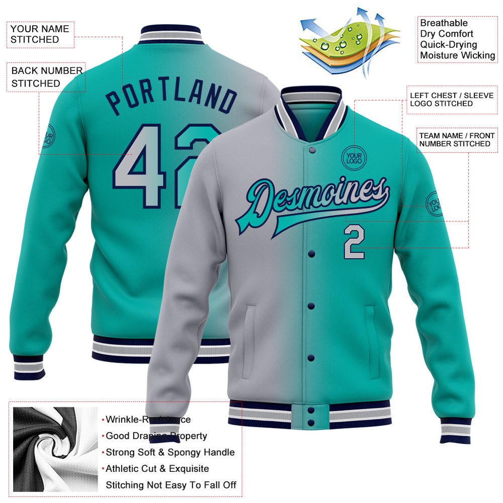 Custom Aqua Gray Navy Bomber Full Snap Varsity Letterman Gradient Fashion Jacket, Custom Team Jacket