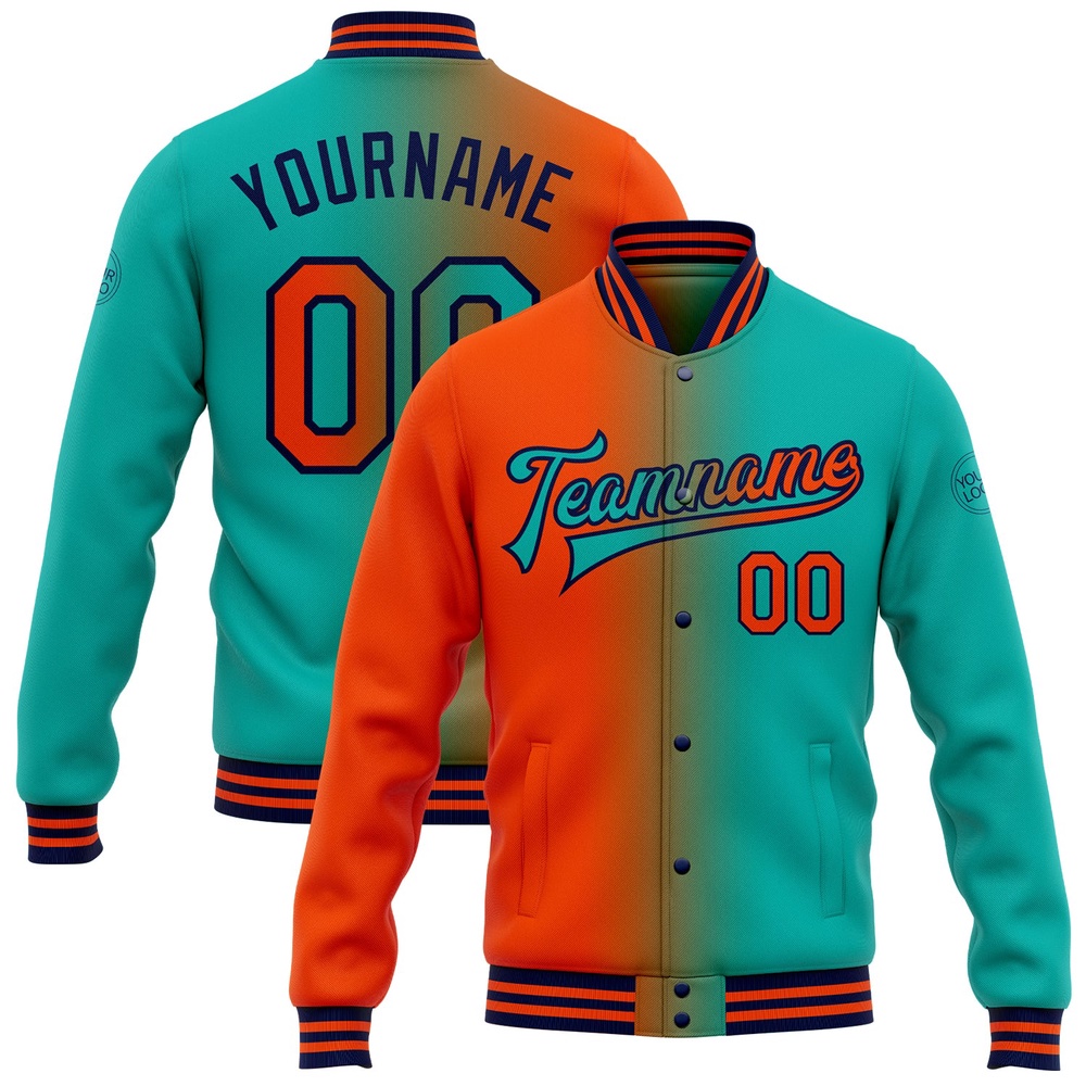 Custom Aqua Orange Navy Bomber Full Snap Varsity Letterman Gradient Fashion Jacket, Custom Team Jacket