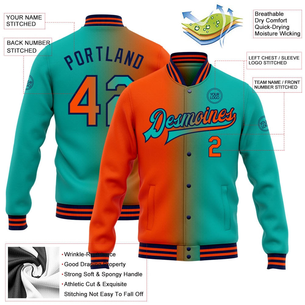 Custom Aqua Orange Navy Bomber Full Snap Varsity Letterman Gradient Fashion Jacket, Custom Team Jacket