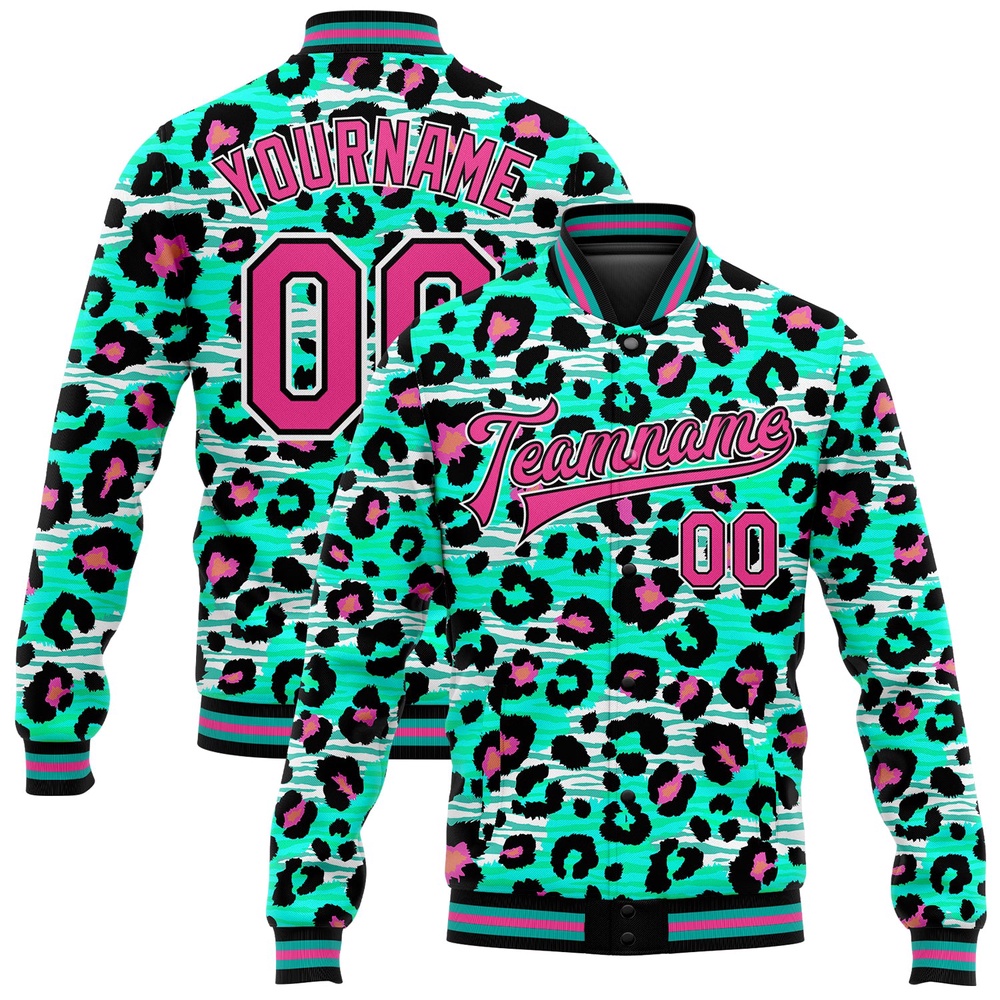Custom Aqua Pink Black Leopard Print 3D Pattern Design Bomber Full Snap Baseball Jacket, Custom Team Jacket