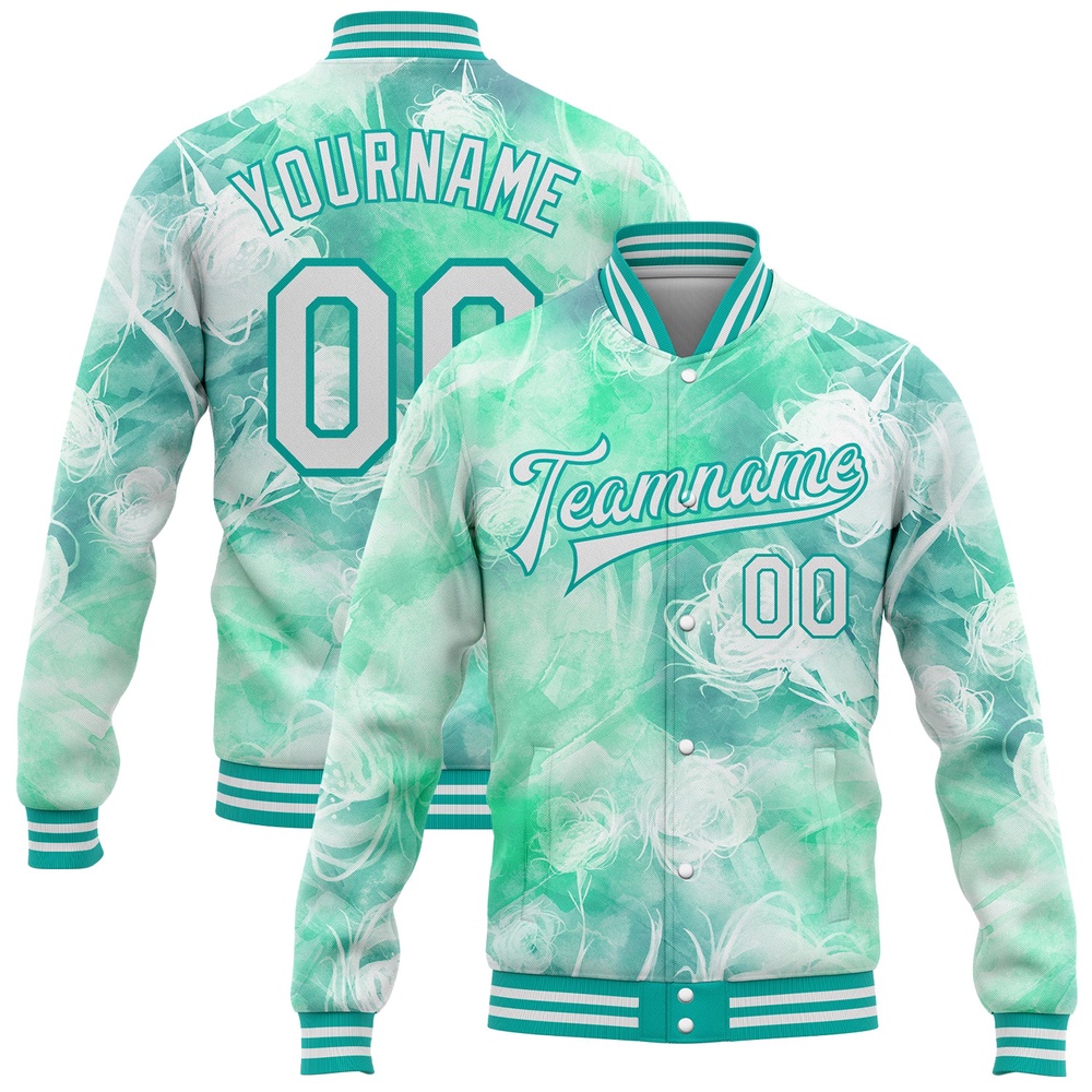 Custom Aqua White Halo Dying Rose 3D Pattern Design Bomber Full Snap Baseball Jacket, Custom Team Jacket