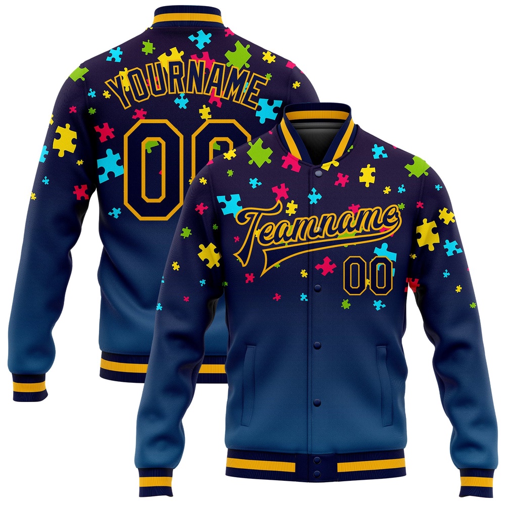 Custom Autism Awareness Puzzle Pieces Navy Gold 3D Bomber Full Snap Baseball Jacket, Custom Team Jacket