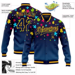 Custom Autism Awareness Puzzle Pieces Navy Gold 3D Bomber Full Snap Baseball Jacket Custom Team Jacket 2 gibaci.jpg