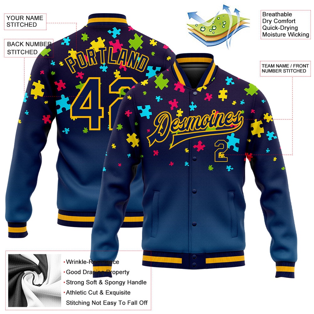 Custom Autism Awareness Puzzle Pieces Navy Gold 3D Bomber Full Snap Baseball Jacket, Custom Team Jacket