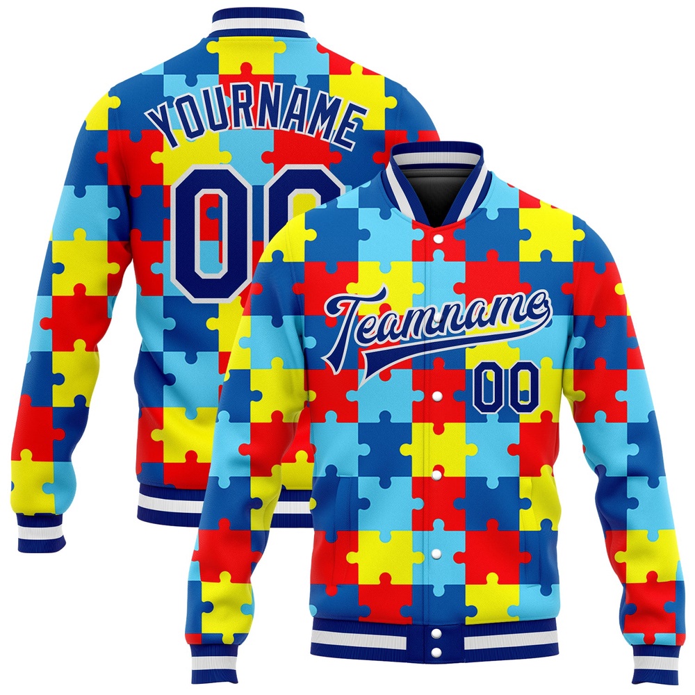 Custom Autism Awareness Puzzle Pieces Royal White 3D Bomber Full Snap Baseball Jacket, Custom Team Jacket