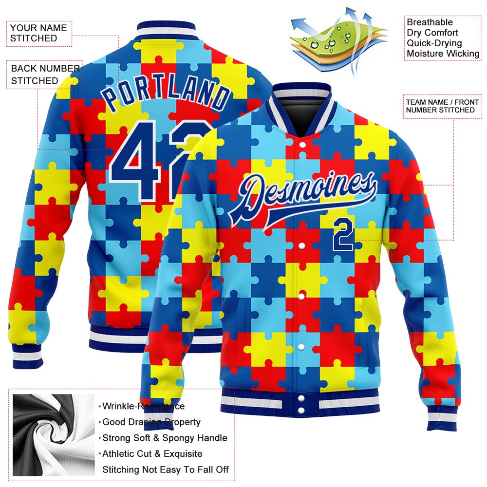 Custom Autism Awareness Puzzle Pieces Royal White 3D Bomber Full Snap Baseball Jacket, Custom Team Jacket