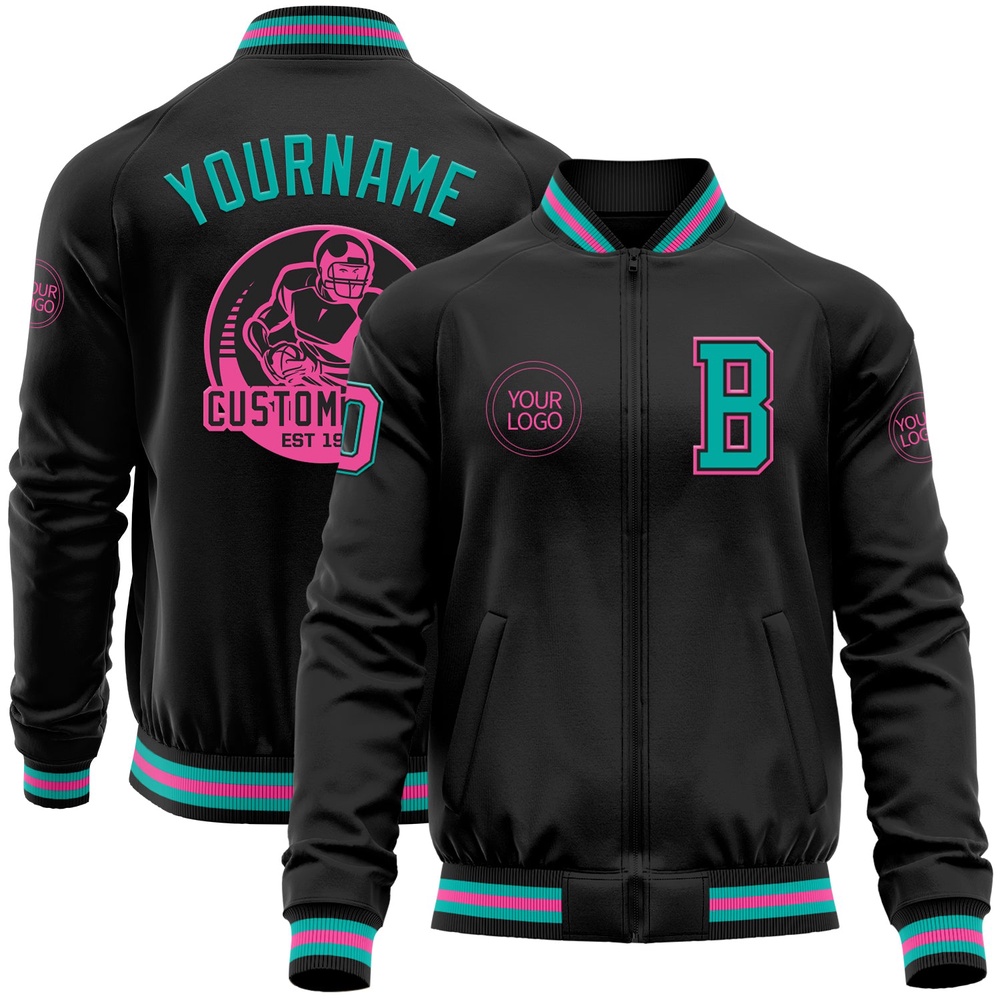 Custom Black Aqua Pink Bomber Varsity Baseball Jacket, Custom Team Jacket